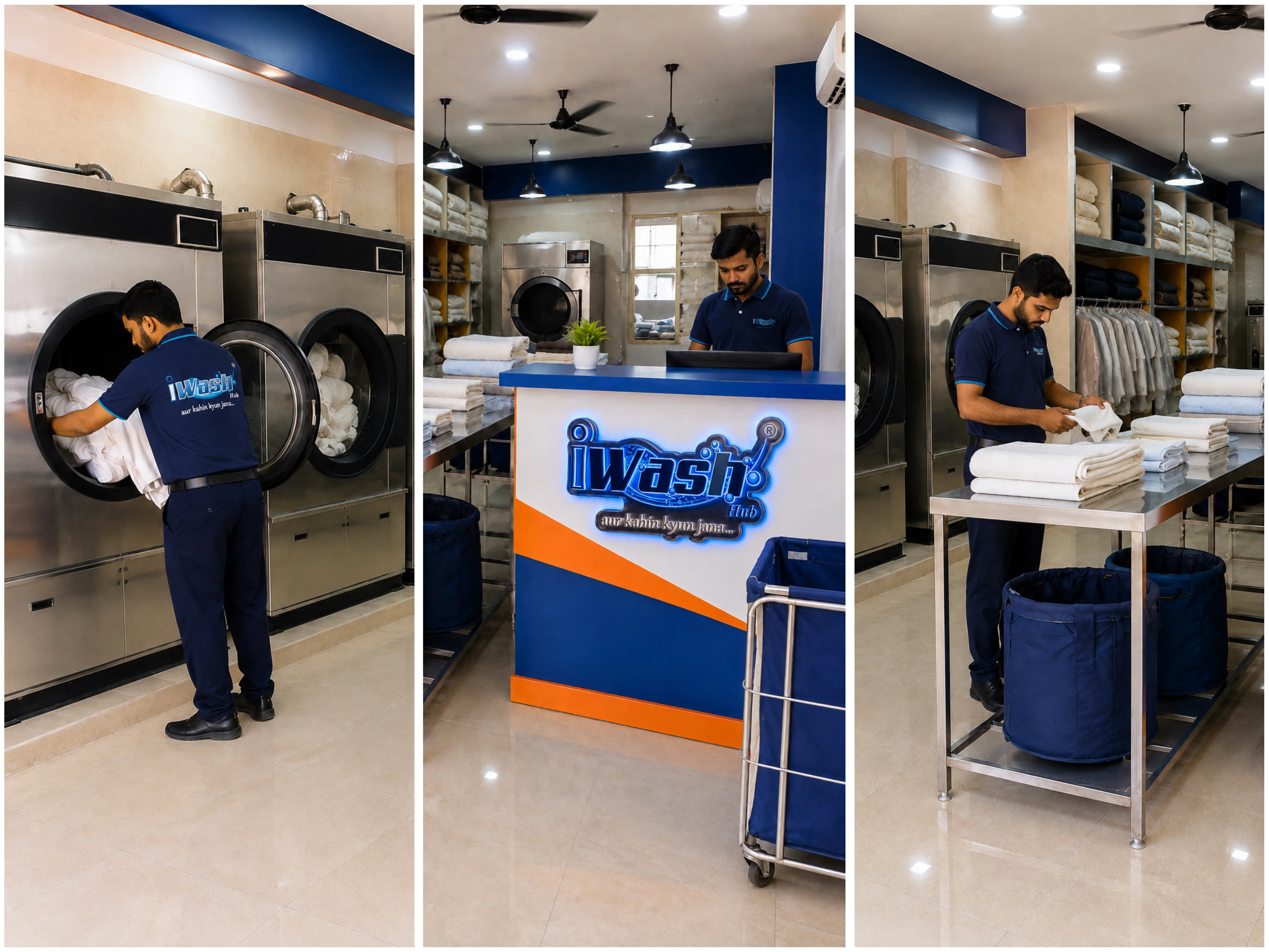 iWash Hub staff loading commercial washers, at the front counter, and folding linen